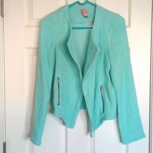 NWT, Go Make Noise, medium, teal, drape front, tweed jacket